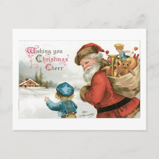 Cartes Pour Fêtes Annuelles Noël à l'ancienne, Père Noël avec garçon (Devant)