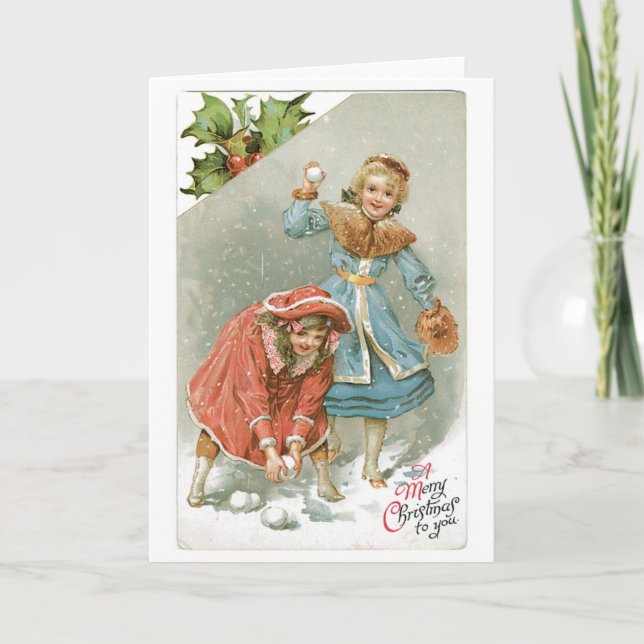 Cartes Pour Fêtes Annuelles Noël à l'ancienne, Snowball fight (Devant)