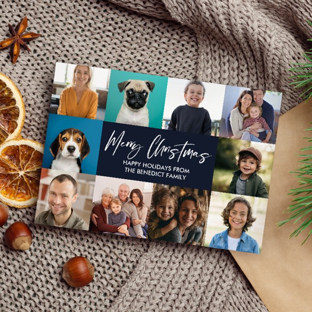 CARTES POUR FÊTES ANNUELLES NOËL ANNÉE EN REVUE 10 PHOTOS BLUE PINES (Ten Photo Christmas card with green and blue background, digitally downloadable to be send via phone)