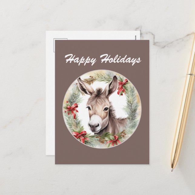 Cartes Pour Fêtes Annuelles Noël aquarelle âne ajouter le texte (Devant/Arrière en situation)