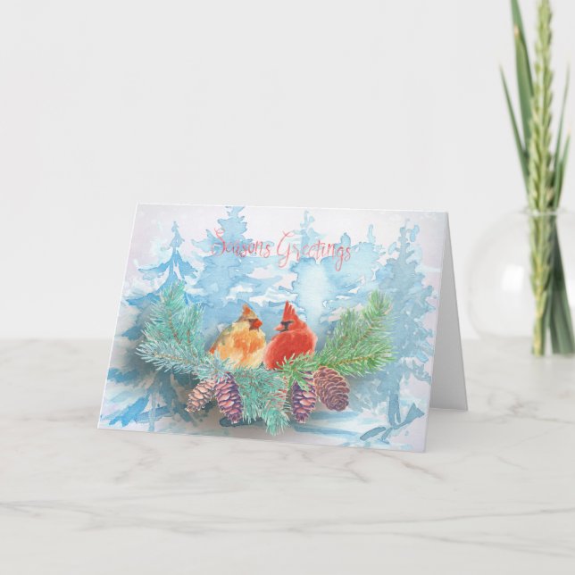 Cartes Pour Fêtes Annuelles Noël - Aquarelle Cardinals Arbres (Devant)