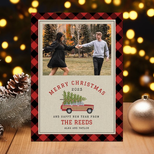 Cartes Pour Fêtes Annuelles Noël Arbre Bois Wagon SUV Photo Plaid Tweeter (Créateur téléchargé)