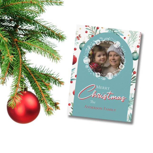 Cartes Pour Fêtes Annuelles Noël Arche Bleue Botanique Vert Aiguilles de Pin (Créateur téléchargé)
