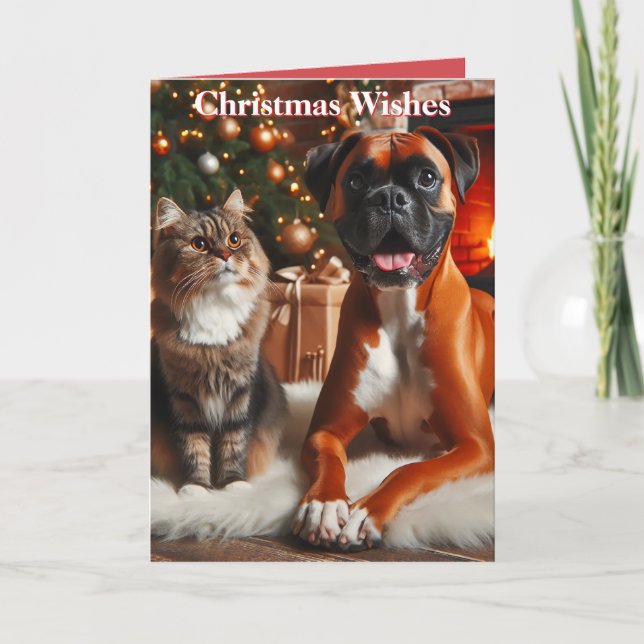 Cartes Pour Fêtes Annuelles Noël avec un chien Boxer et un chat (Devant)