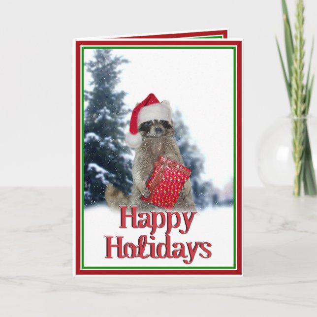 Cartes Pour Fêtes Annuelles Noël Bandit Raccoon avec présent (Devant)