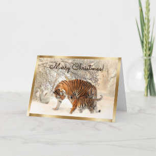 Cartes Pour Fêtes Annuelles Noël Bébé tigre et Tigre maman dans la forêt neige