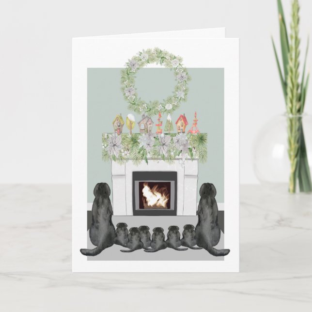 Cartes Pour Fêtes Annuelles Noël Black Labrador Famille Cheminée Scène (Devant)