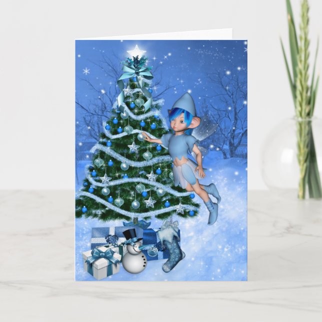 Cartes Pour Fêtes Annuelles Noël bleu, fée d'imaginaire (Devant)