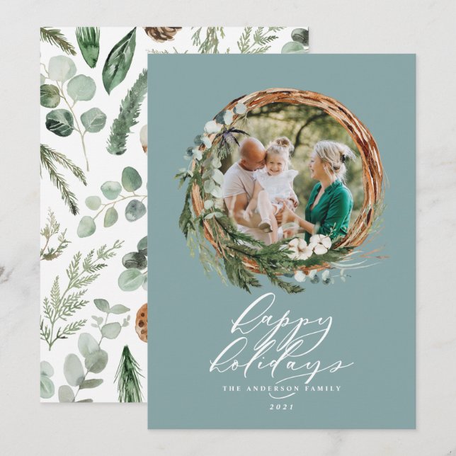 Cartes Pour Fêtes Annuelles Noël bleu pâle botanique 1 photo élégante (Devant / Derrière)