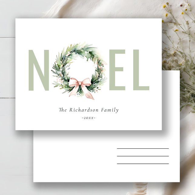 Cartes Pour Fêtes Annuelles Noel Blush Vert Noël Wreath Aquarelle (Créateur téléchargé)