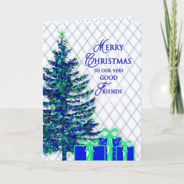 Cartes Pour Fêtes Annuelles Noël, Bons Amis, Bleu/Arbre, Cadeaux (Devant)