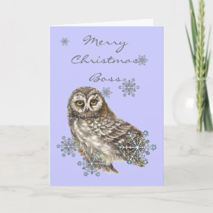 Cartes Pour Fêtes Annuelles Noël Boss Neige & Chouette Cute Aquarelle Oiseau