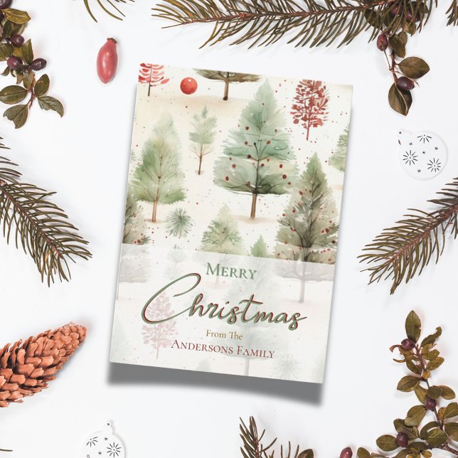 Cartes Pour Fêtes Annuelles Noël Botanique Pin Vert Arbres Rouge Ornements (Créateur téléchargé)