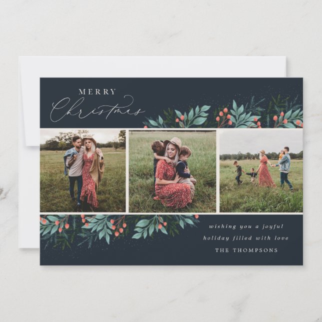 Cartes Pour Fêtes Annuelles Noël botanique Trois photos Joyeux Noël (Devant)