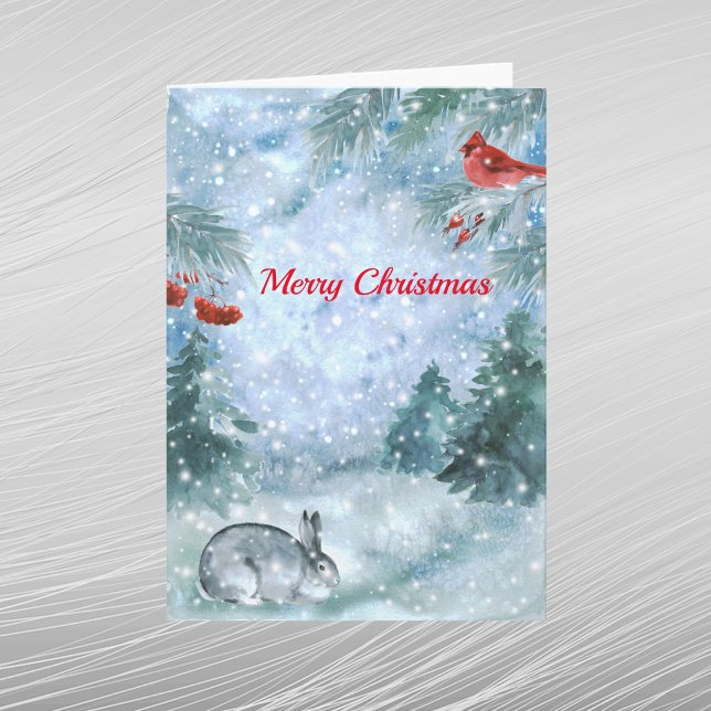 Cartes Pour Fêtes Annuelles Noël Cardinal Rouge Paysage du lapin Aquarelle (Créateur téléchargé)