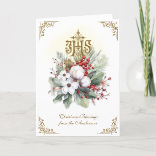 Cartes Pour Fêtes Annuelles Noël catholique IHS Floral Poinsettia