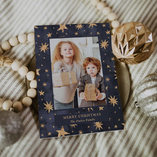 Cartes Pour Fêtes Annuelles Noël céleste   Étoiles d'or sur photo bleue