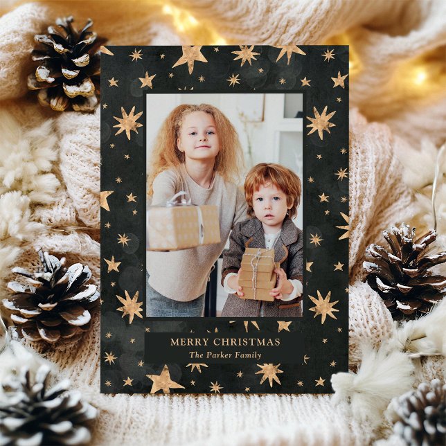 Cartes Pour Fêtes Annuelles Noël céleste | Étoiles d'or sur photo noire (Créateur téléchargé)