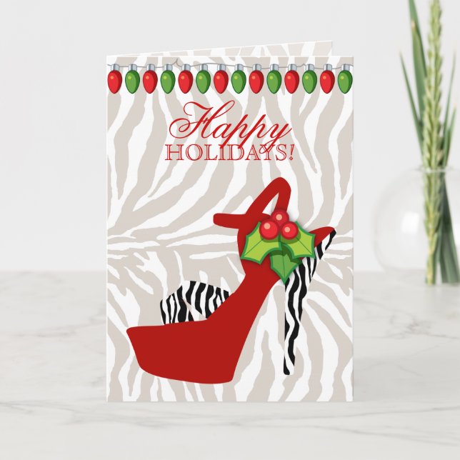 Cartes Pour Fêtes Annuelles Noël Chaussure à talon élevé Zebra Lumières rouges (Devant)