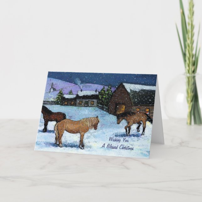 Cartes Pour Fêtes Annuelles Noël : Chevaux, neige, peignant : Ferme, ferme (Devant)