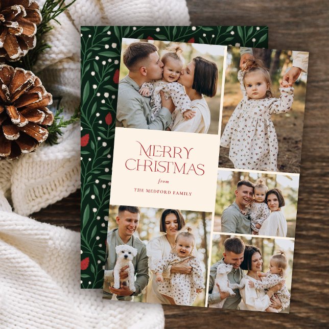 Cartes Pour Fêtes Annuelles Noël classique Cinq Photo Floral Retour | Ivoire (Créateur téléchargé)
