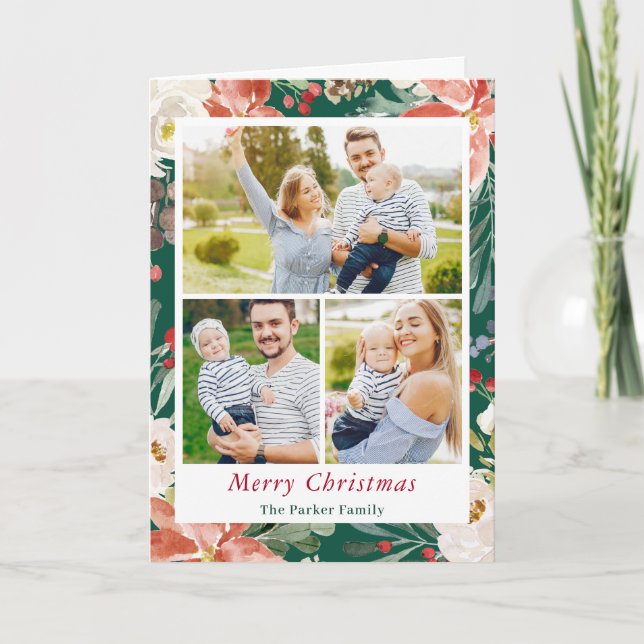 Cartes Pour Fêtes Annuelles Noël classique Poinsettia Floral Family 3 Photo (Devant)