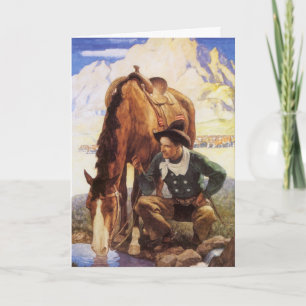 Cartes Pour Fêtes Annuelles Noël, Cowboy arroser son cheval par NC Wyeth