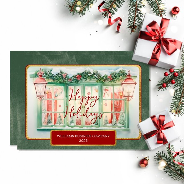 Cartes Pour Fêtes Annuelles Noël d'affaires Holly | Berries Joyeuses Fêtes (Nostalgic style "Happy Holidays" holly and berries in window business Christmas holiday card.)