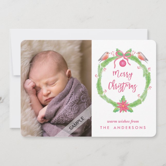 Cartes Pour Fêtes Annuelles Noël de guirlande de houx d'aquarelle Joyeux " + (Devant)