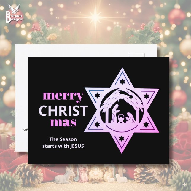 Cartes Pour Fêtes Annuelles Noël de la Nativité chrétienne moderne (Stylish black/pink Christian Christmas Nativity postcard w/ customizable text for coworkers/friends)