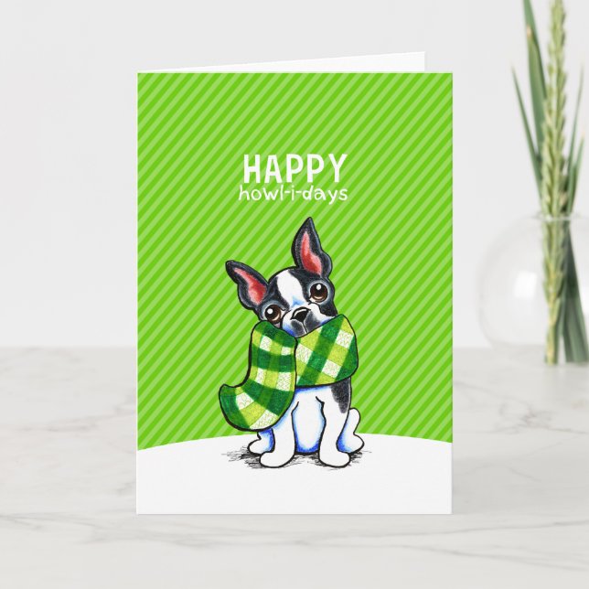 Cartes Pour Fêtes Annuelles Noël de l'Écharpe Plaid de Boston Terrier (Devant)