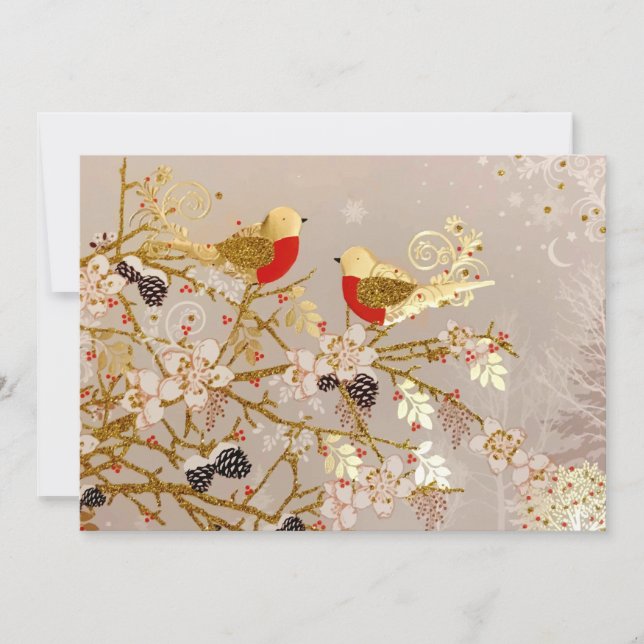 Cartes Pour Fêtes Annuelles Noël de neige d'hiver doré oiseaux pays (Devant)