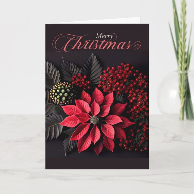 Cartes Pour Fêtes Annuelles Noël de Poinsettia sur Blackh Bold Red Berries (Devant)