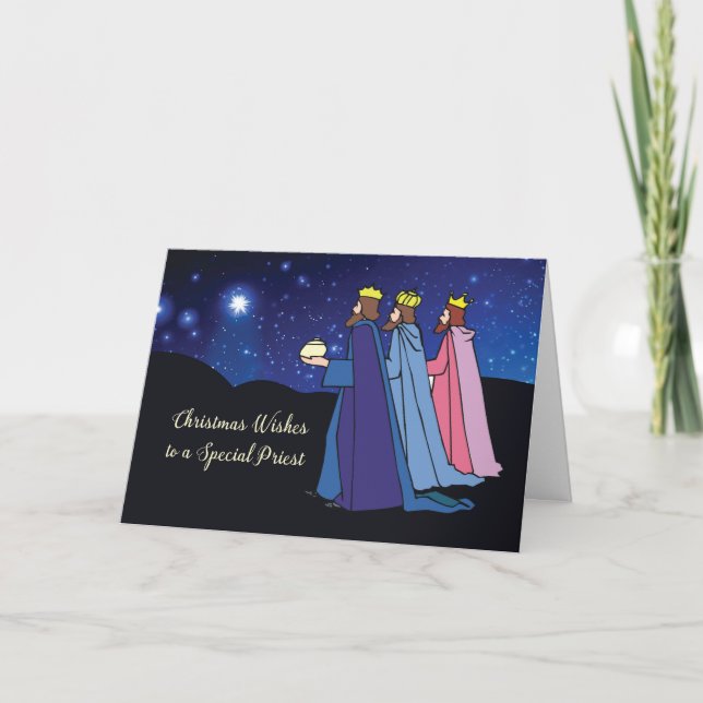 Cartes Pour Fêtes Annuelles Noël de prêtre souhaite trois rois la nuit (Devant)