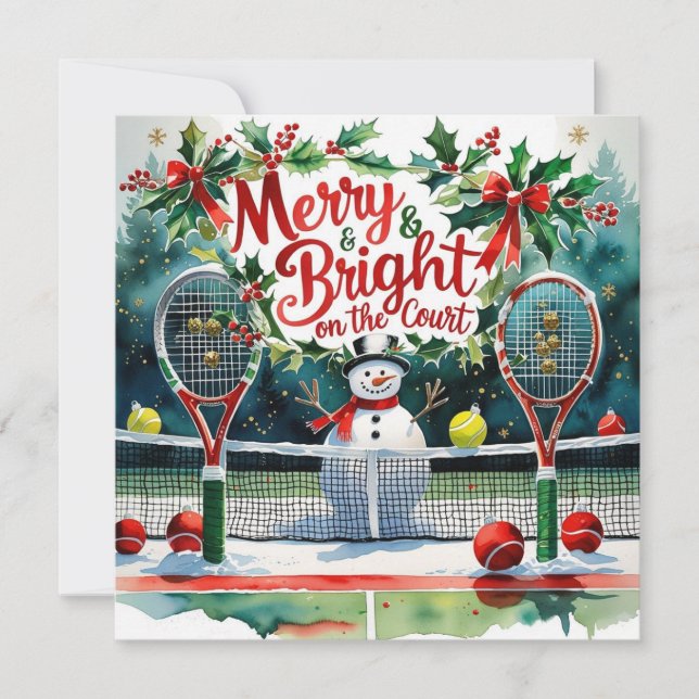 Cartes Pour Fêtes Annuelles Noël de tennis avec Snowman sur le court (Devant)