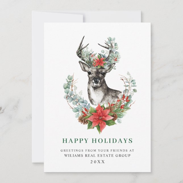 Cartes Pour Fêtes Annuelles Noël Deer Poinsettia Salutation d'entreprise (Devant)