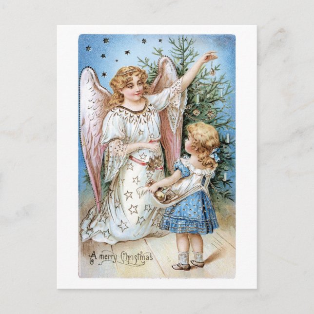 Cartes Pour Fêtes Annuelles Noël démodé, ange avec la fille (Devant)