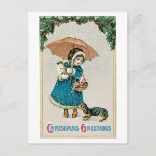 Cartes Pour Fêtes Annuelles Noël démodé, fille avec le chat et chien