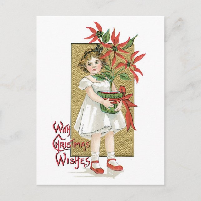 Cartes Pour Fêtes Annuelles Noël démodé, fille tenant la poinsettia (Devant)