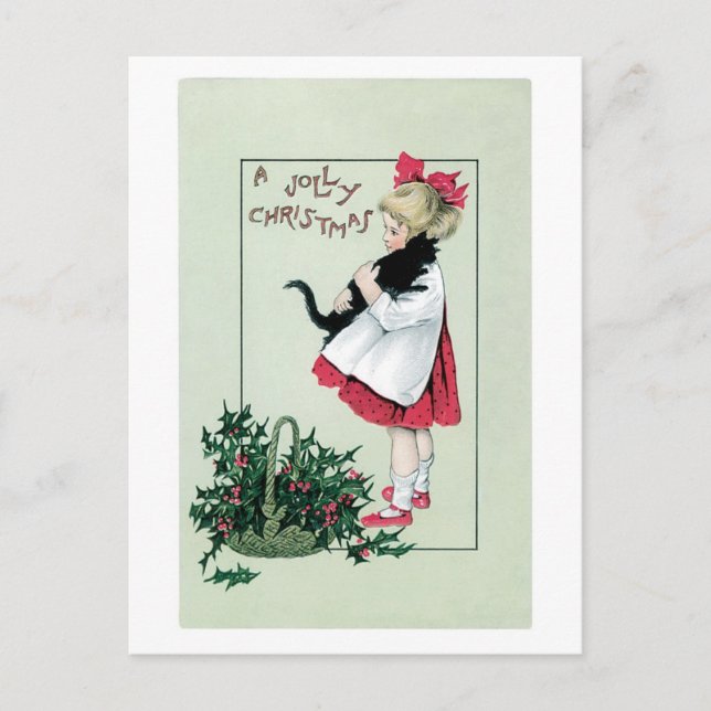 Cartes Pour Fêtes Annuelles Noël démodé, fille tenant le chat noir (Devant)