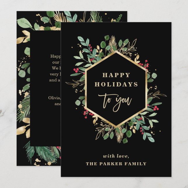 Cartes Pour Fêtes Annuelles Noël Doré Verdure Noir | Joyeuses Fêtes (Devant / Derrière)