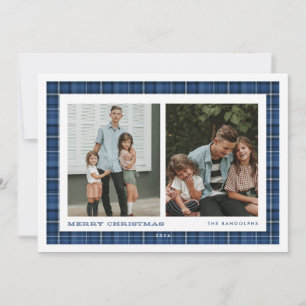 Cartes Pour Fêtes Annuelles Noël Double Photo à Carreaux Bleus