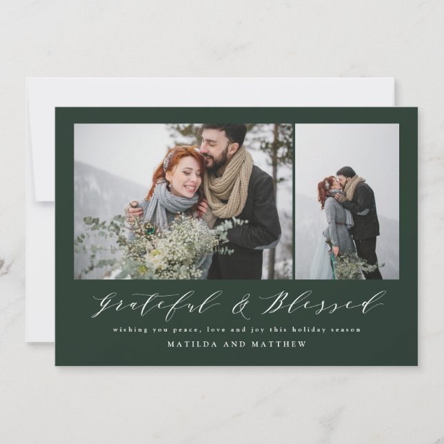 Cartes Pour Fêtes Annuelles Noël écriture moderne vert reconnaissant et béni (Devant)