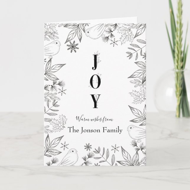 Cartes Pour Fêtes Annuelles Noël élégant floral noir script blanc (Devant)
