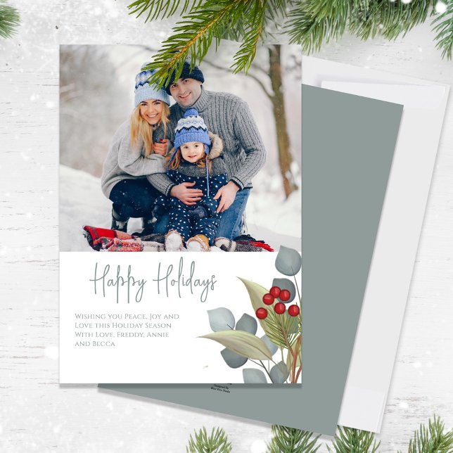 Cartes Pour Fêtes Annuelles Noël Elégant hiver Holly Berries 1 Photo (Happy Holidays cute calligraphy script holiday greenery photo greeting card)