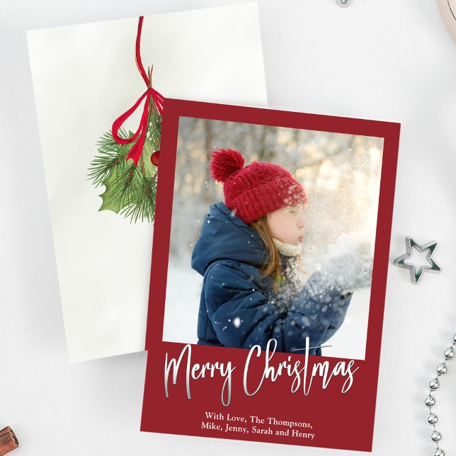 Cartes Pour Fêtes Annuelles Noël Elégant hiver verdure Holly Photo (Merry Christmas Holly red with Silver calligraphy script photo card. )