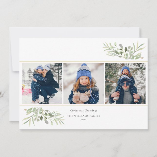 Cartes Pour Fêtes Annuelles Noël Elégant Vert Floral Moderne 3 Photo (Devant)