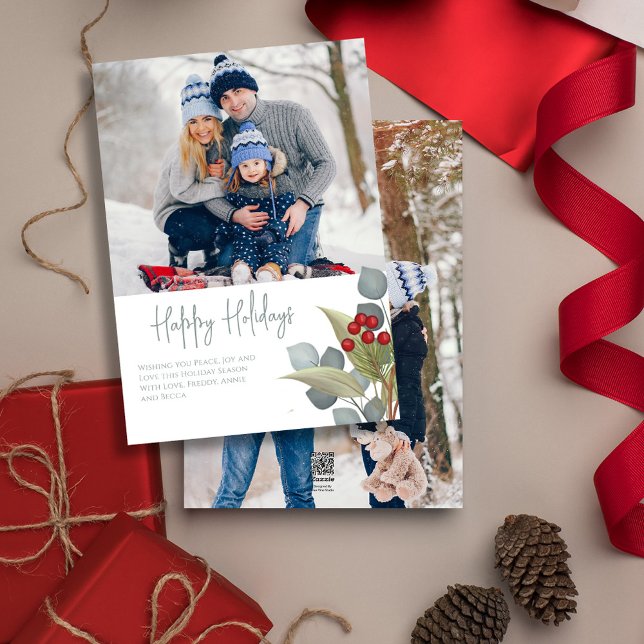 Cartes Pour Fêtes Annuelles Noël Elégant Winter Holly Berries 2 Photo (Happy Holidays cute calligraphy script eucalyptus greenery photo greeting card)