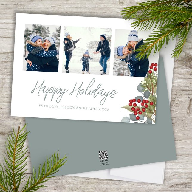 Cartes Pour Fêtes Annuelles Noël Elégant Winter Holly Berries 3 Photo (Happy Holidays photo card with blue eucalyptus and winter greenery. )