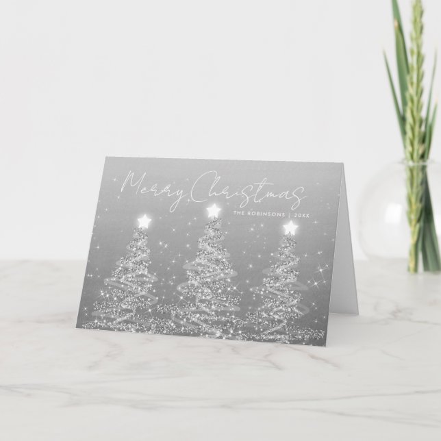 Cartes Pour Fêtes Annuelles Noël familial Sparkly Xmas Arbres Argent (Devant)